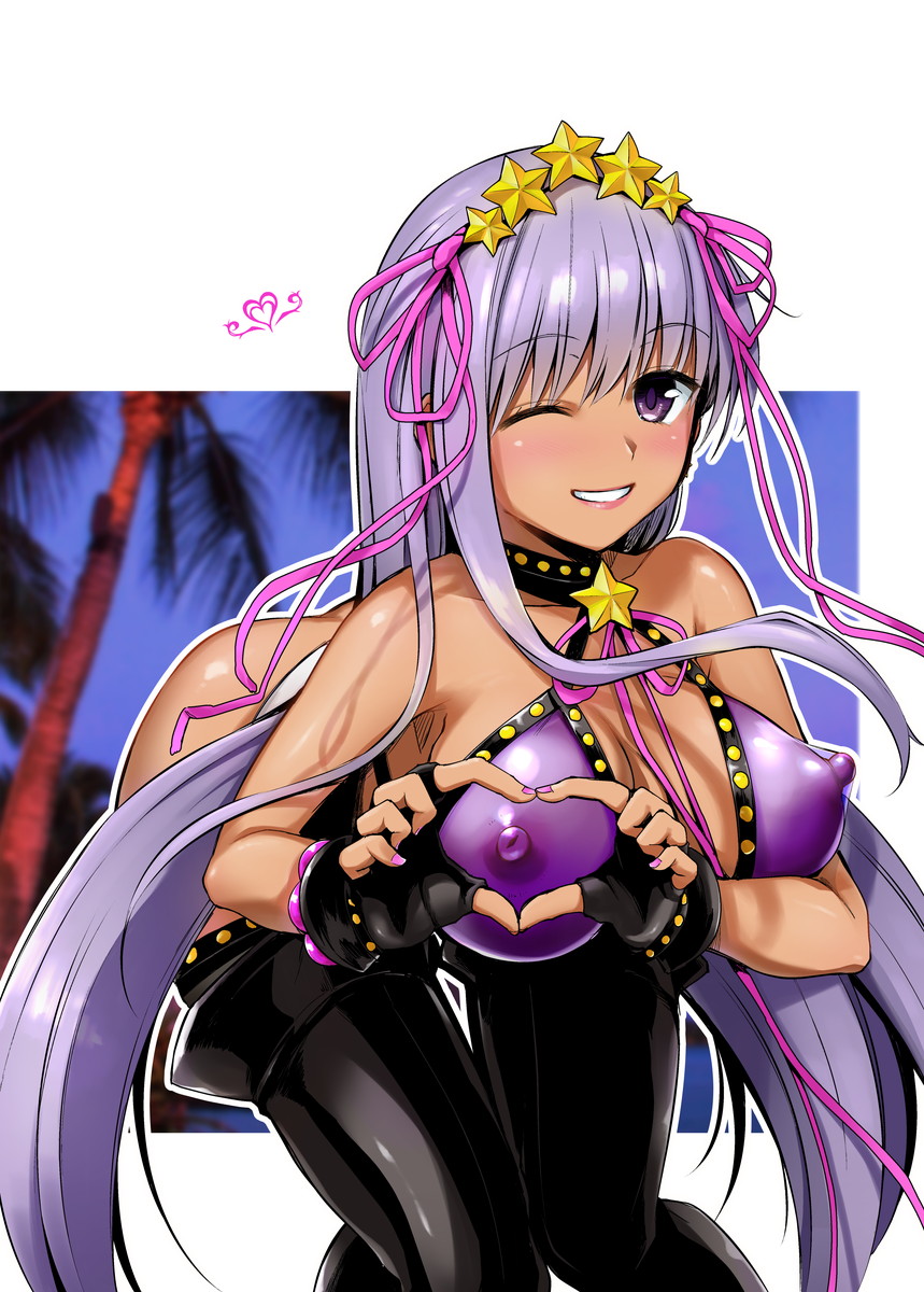 bare_shoulders bb_(fate)_(all) bb_(swimsuit_mooncancer)_(fate) bikini blush breasts cleavage collarbone commentary_request covered_nipples eyebrows_visible_through_hair fate/grand_order fate_(series) gyaru hair_ribbon haruhisky heart heart_hands highres large_breasts leaning_forward lips long_hair looking_at_viewer one_eye_closed purple_eyes purple_hair ribbon see-through shiny shiny_hair shiny_skin smile solo star swimsuit thighhighs very_long_hair