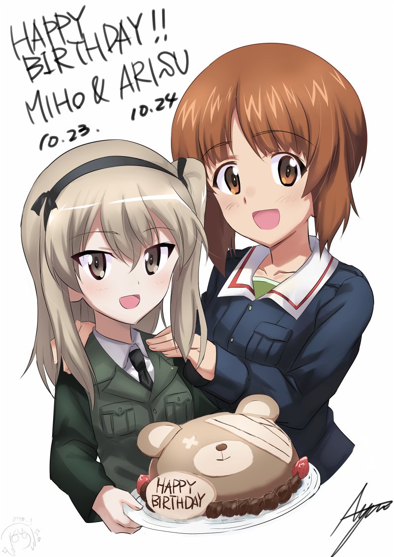 artist_name ashiwara_yuu bangs black_jacket black_neckwear black_ribbon blue_jacket boko_(girls_und_panzer) brown_eyes brown_hair cake character_name chocolate commentary dated dress_shirt english eyebrows_visible_through_hair food fruit girls_und_panzer green_shirt hair_ribbon hands_on_another's_shoulders happy_birthday jacket light_brown_hair long_hair long_sleeves looking_at_viewer military military_uniform necktie nishizumi_miho ooarai_military_uniform open_mouth ribbon selection_university_military_uniform shimada_arisu shirt short_hair siblings side_ponytail signature simple_background sisters smile sparkle standing strawberry stuffed_animal stuffed_toy teddy_bear uniform upper_body white_background white_shirt