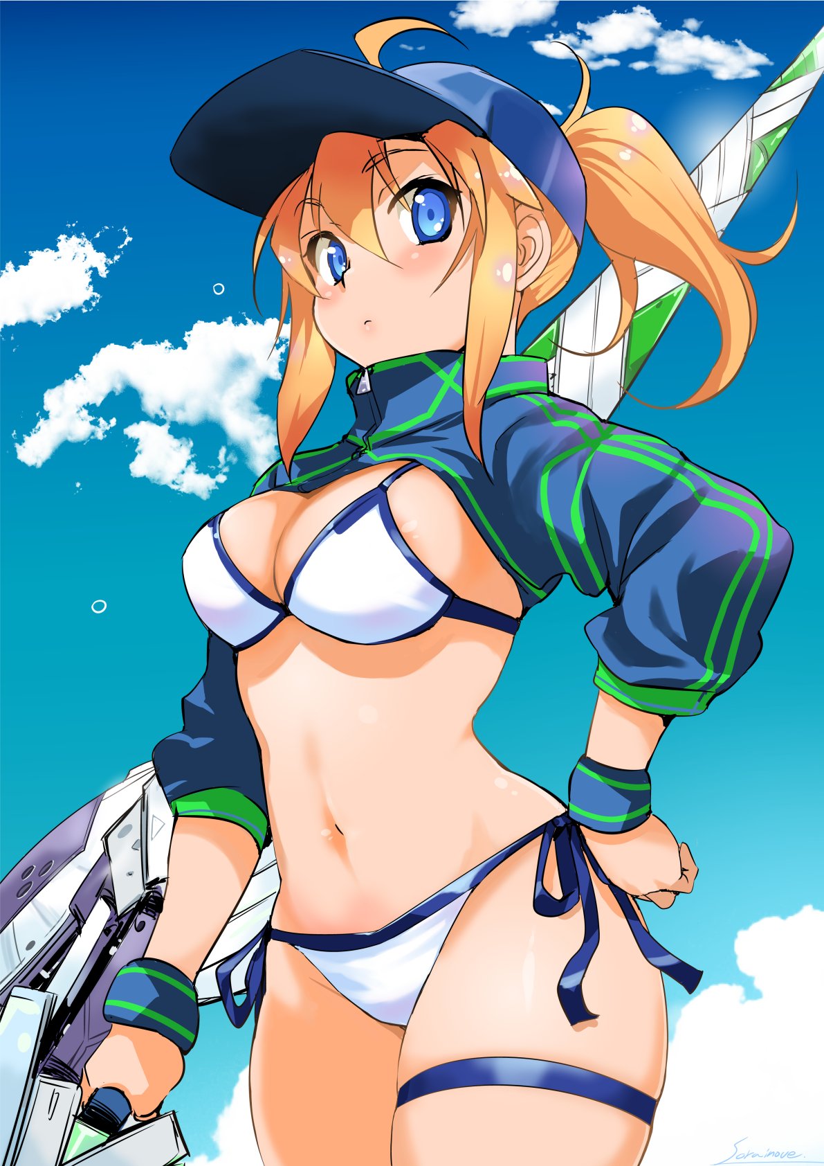 ahoge areola_slip areolae artoria_pendragon_(all) baseball_cap bikini bikini_bottom bikini_top blue_eyes blue_jacket blue_sky blush breasts cleavage cloud cloudy_sky commentary_request cowboy_shot day eyebrows_visible_through_hair fate/grand_order fate_(series) hair_between_eyes hair_through_headwear hat highres holding holding_weapon huge_weapon inoue_sora jacket looking_at_viewer mysterious_heroine_xx_(foreigner) navel ponytail shrug_(clothing) side-tie_bikini sky solo swimsuit sword thigh_strap twinmyniad weapon wristband