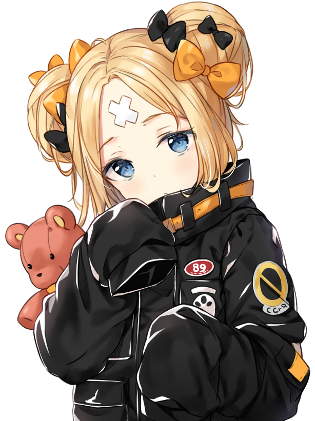abigail_williams_(fate/grand_order) bangs black_bow black_jacket blonde_hair blue_eyes bow closed_mouth commentary crossed_bandaids english_commentary eyebrows_visible_through_hair fate/grand_order fate_(series) hair_bow hair_bun head_tilt heroic_spirit_traveling_outfit hitsukuya jacket long_hair long_sleeves looking_at_viewer object_hug orange_bow parted_bangs polka_dot polka_dot_bow simple_background sleeves_past_fingers sleeves_past_wrists solo stuffed_animal stuffed_toy teddy_bear white_background