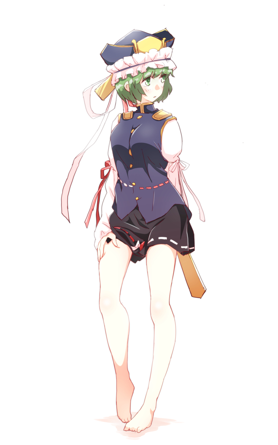 arm_behind_back barefoot black_skirt green_eyes green_hair hat highres legs long_sleeves looking_to_the_side non_(z-art) red_ribbon ribbon rod_of_remorse shiki_eiki short_hair simple_background skirt standing touhou white_background white_ribbon