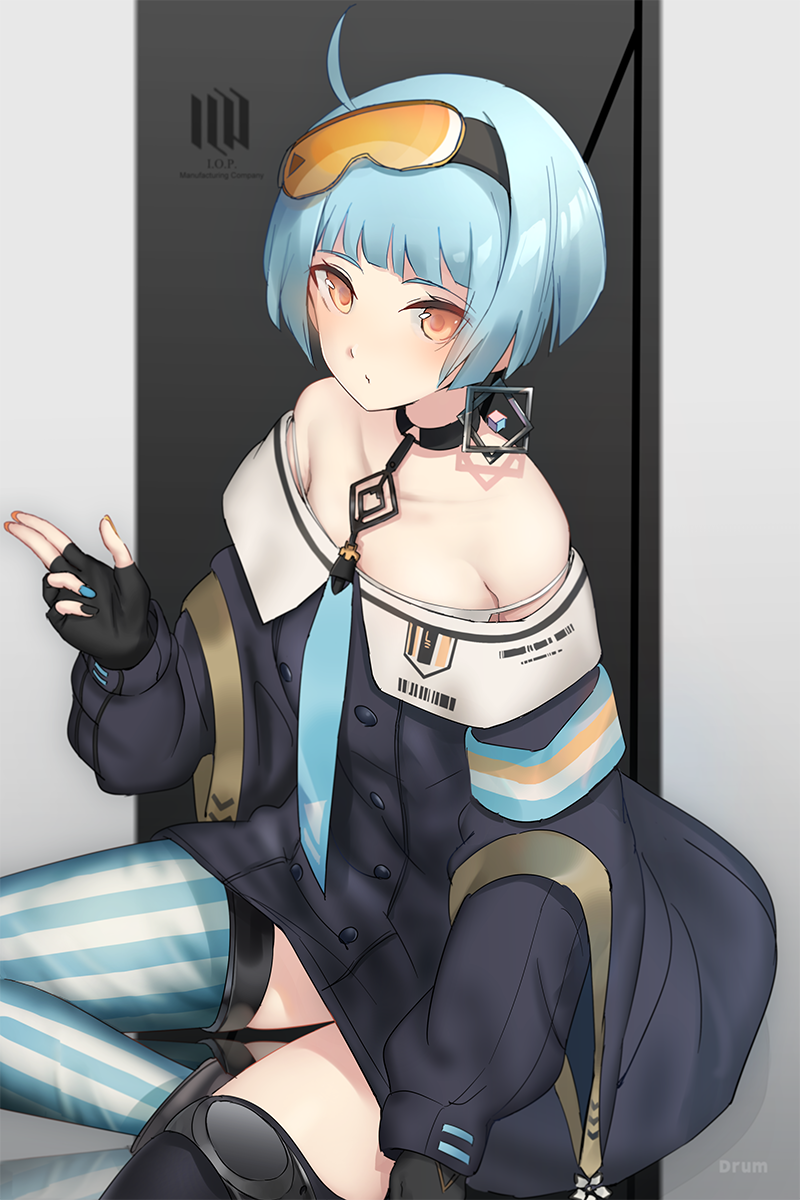 ahoge artist_name asymmetrical_legwear bangs bare_shoulders black_choker black_legwear blue_hair blue_neckwear blush breasts choker collarbone commentary_request double-breasted drum_(acta2436) earrings eyewear_on_head fingerless_gloves girls_frontline gloves goggles hand_up highres jewelry looking_at_viewer nail_polish off_shoulder orange_eyes short_hair small_breasts solo striped striped_legwear thighhighs zas_m21_(girls_frontline)