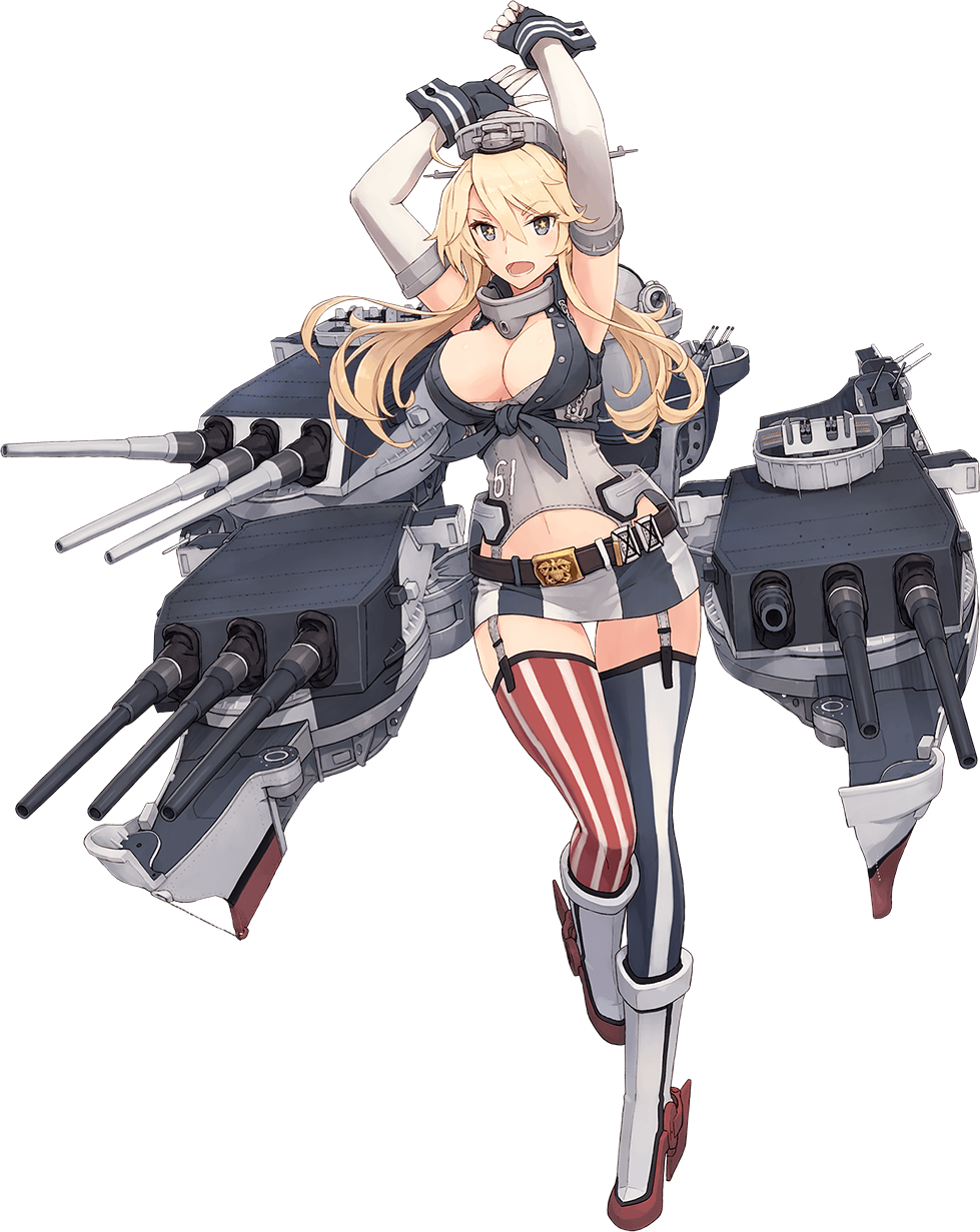 arms_up bare_shoulders belt belt_buckle blonde_hair blue_eyes boots breasts buckle cleavage elbow_gloves fingerless_gloves front-tie_top full_body garter_straps gloves hair_between_eyes high_heel_boots high_heels highres iowa_(kantai_collection) kantai_collection knee_boots large_breasts long_hair machinery miniskirt mismatched_legwear official_art open_mouth shizuma_yoshinori skirt smile solo star star-shaped_pupils striped striped_legwear symbol-shaped_pupils thighhighs transparent_background turret vertical-striped_legwear vertical-striped_skirt vertical_stripes white_footwear zettai_ryouiki