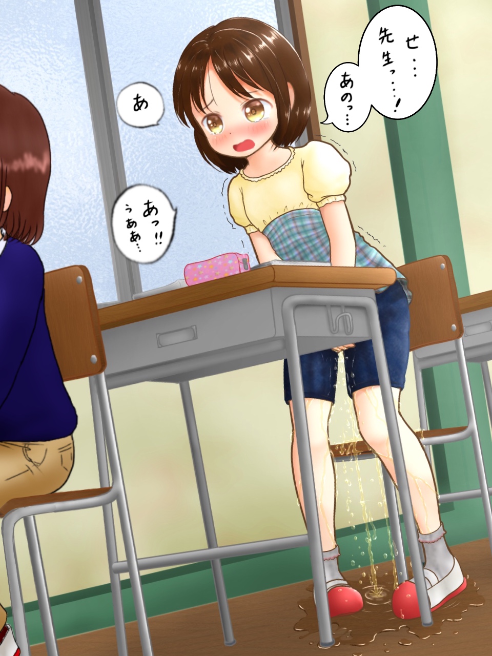 2girls aruta_(omoalta) blue_shirt blue_shorts blush brown_hair brown_pants chair classroom desk embarrassed eyebrows_visible_through_hair female flat_chest hands_together have_to_pee highres indoors japanese_text long_sleeves multicolored_shirt multiple_girls nose_blush open_mouth original pants peeing peeing_self pigeon-toed plaid plaid_shirt puddle red_footwear school_desk shiny shiny_hair shirt shoes short_hair short_sleeves shorts sitting socks solo_focus speech_bubble standing talking tears text_focus translation_request trembling v_arms wet wet_clothes white_legwear window yellow_eyes