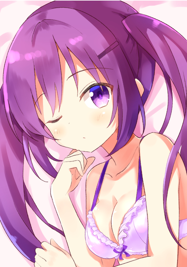 bangs bare_arms bare_shoulders bed_sheet blush bow bow_bra bra breasts cleavage closed_mouth collarbone commentary_request eyebrows_visible_through_hair gochuumon_wa_usagi_desu_ka? hair_ornament hairclip hand_up long_hair looking_at_viewer lying medium_breasts nanakusa_amane no_shoes on_side one_eye_closed purple_bra purple_eyes purple_hair sidelocks solo tedeza_rize twintails underwear underwear_only