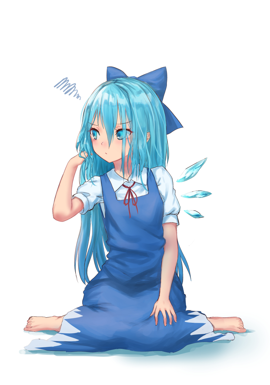 alternate_hair_length alternate_hairstyle barefoot blue_bow blue_dress blue_eyes blue_hair blush bow cirno commentary_request dress eyebrows_visible_through_hair full_body hair_between_eyes hair_bow hand_in_hair hand_up highres ice ice_wings long_hair looking_to_the_side neck_ribbon pinafore_dress puffy_short_sleeves puffy_sleeves red_neckwear red_ribbon ribbon roke_(taikodon) shadow shirt short_sleeves simple_background sitting solo squiggle touhou wariza white_background white_shirt wings