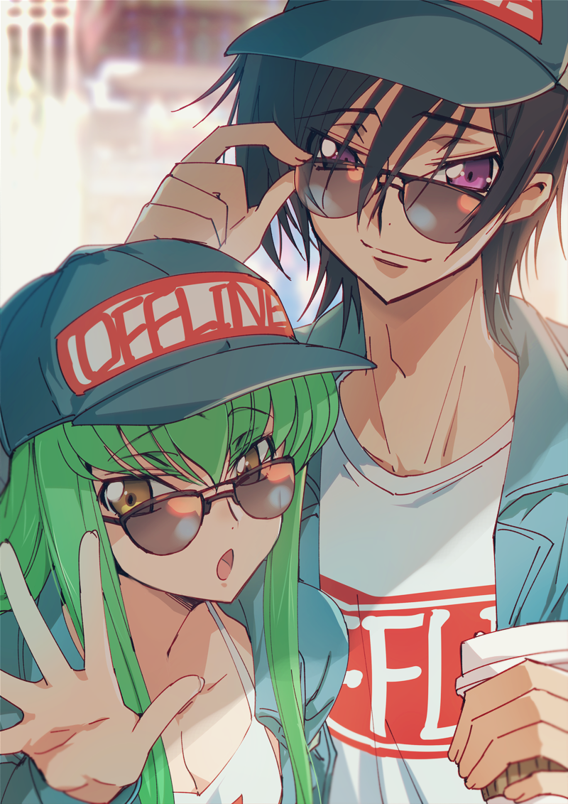 1girl :o baseball_cap black_hair blue_jacket breasts c.c. carrying cleavage closed_mouth clothes_writing code_geass creayus cup eyebrows_visible_through_hair green_hair hand_up hat holding holding_cup jacket lelouch_lamperouge long_hair looking_at_viewer m medium_breasts purple_eyes smile sunglasses waving yellow_eyes
