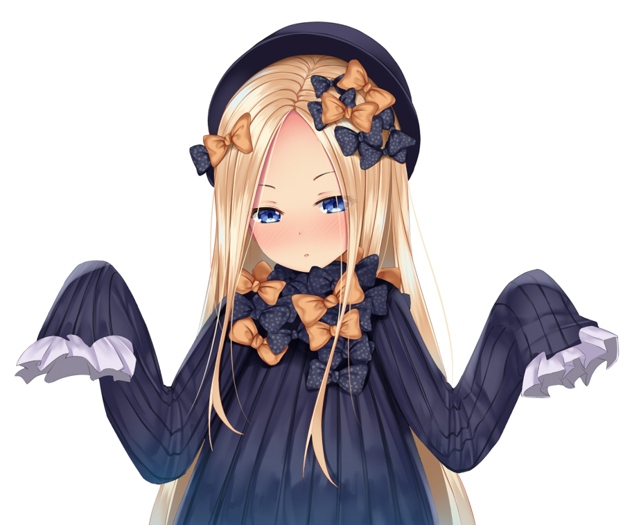 abigail_williams_(fate/grand_order) bangs black_bow black_dress black_hat blonde_hair blue_eyes blush bow dress fate/grand_order fate_(series) forehead hair_bow hands_up hat long_hair long_sleeves nose_blush orange_bow parted_bangs parted_lips polka_dot polka_dot_bow puririn simple_background sleeves_past_fingers sleeves_past_wrists solo very_long_hair white_background