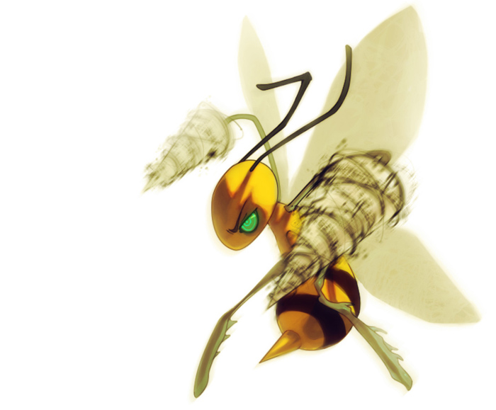 2008 action_pose ambiguous_gender angry antennae arthropod beedrill crazy_eyes green_eyes insect insect_wings msh nintendo pok&eacute;mon pok&eacute;mon_(species) pose simple_background solo stinger video_games white_background wings yellow_body