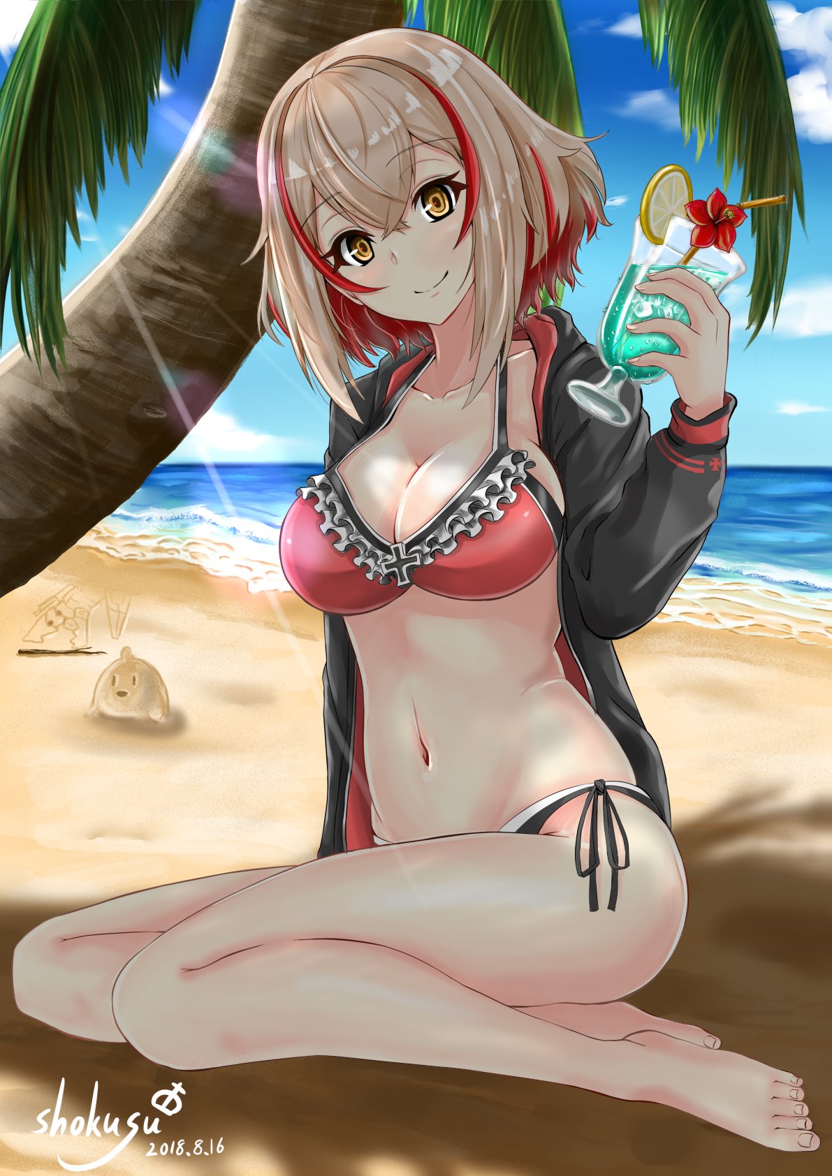 ass azur_lane bangs barefoot bikini blonde_hair blue_sky blush breasts brown_eyes chushou_wang cleavage cloud collarbone commentary_request cup dated day drinking_glass eyebrows_visible_through_hair groin hair_between_eyes head_tilt headgear highres holding holding_cup hood hoodie large_breasts looking_at_viewer multicolored_hair navel ocean open_clothes outdoors palm_tree red_hair roon_(azur_lane) short_hair side-tie_bikini sidelocks signature sitting sky smile solo stomach swimsuit tree tropical_drink yokozuwari