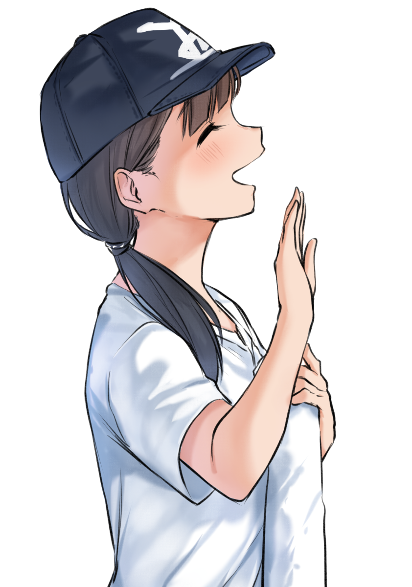 :d bangs baseball_cap black_hat blush brown_hair closed_eyes commentary_request hair_over_shoulder hand_up hat highres long_hair low_ponytail open_mouth original ponytail profile shirt short_sleeves simple_background smile solo white_background white_shirt yuki_arare