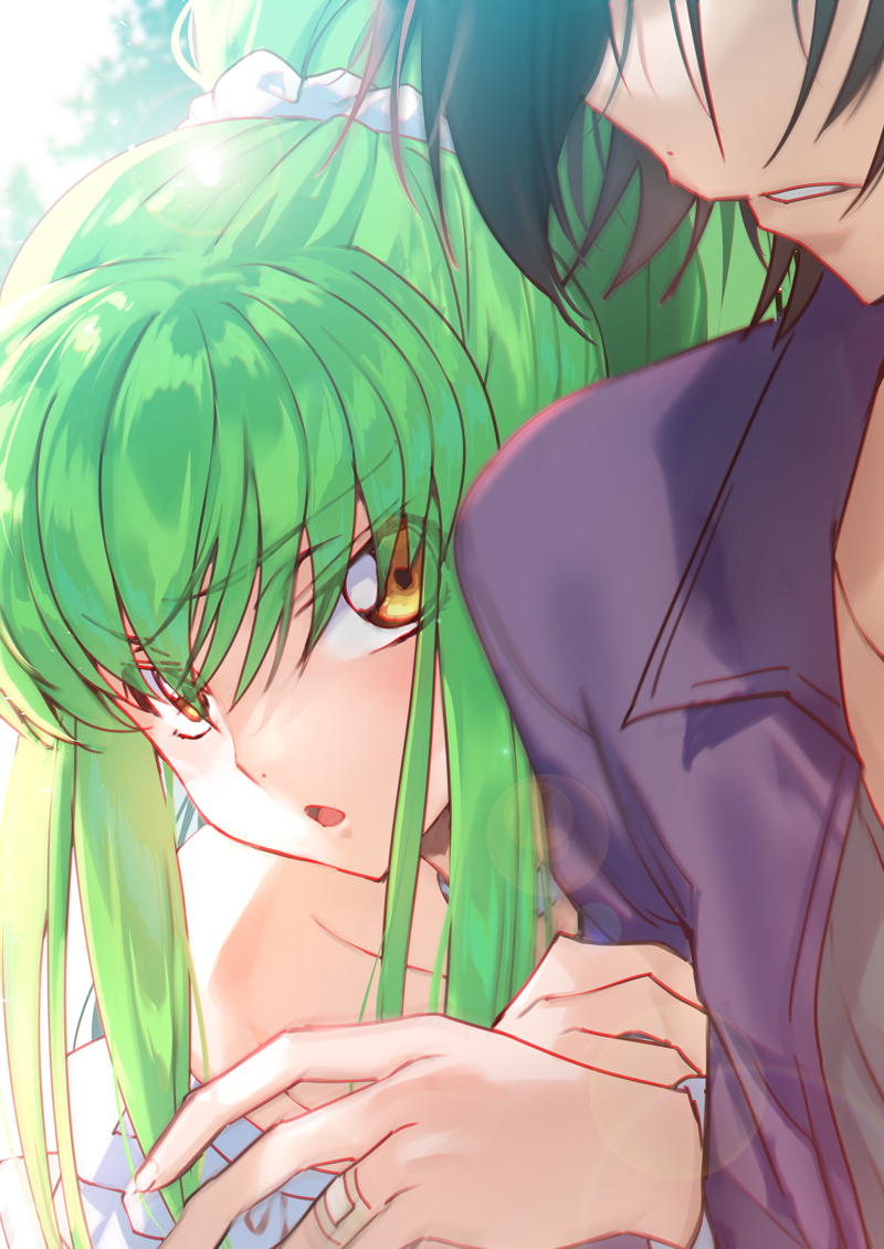 1girl arm_hug bandaid_on_finger blush brown_hair c.c. carrying code_geass couple creayus eyebrows_visible_through_hair eyes_visible_through_hair fingernails green_hair hair_ornament hair_scrunchie jacket jealous lelouch_lamperouge long_hair looking_to_the_side m parted_lips ponytail purple_jacket scrunchie yellow_eyes