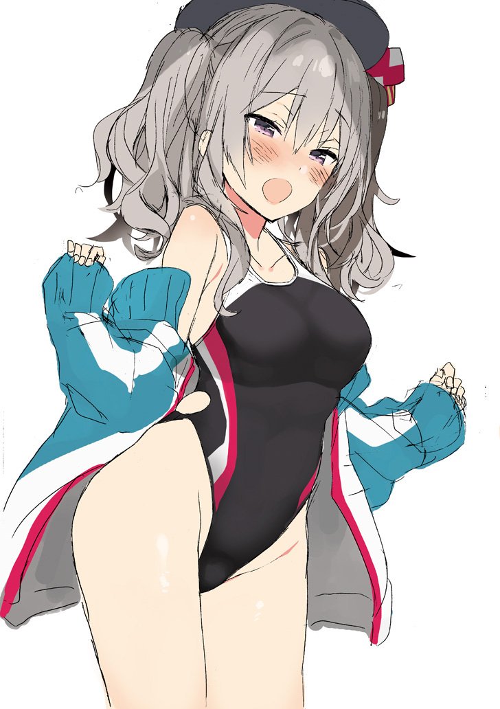araki_kanao beret black_hat black_swimsuit blue_jacket competition_swimsuit cowboy_shot grey_eyes hat highleg highleg_swimsuit jacket kantai_collection kashima_(kantai_collection) looking_at_viewer one-piece_swimsuit open_clothes open_jacket open_mouth sidelocks silver_hair simple_background solo swimsuit track_jacket tsurime twintails wavy_hair white_background
