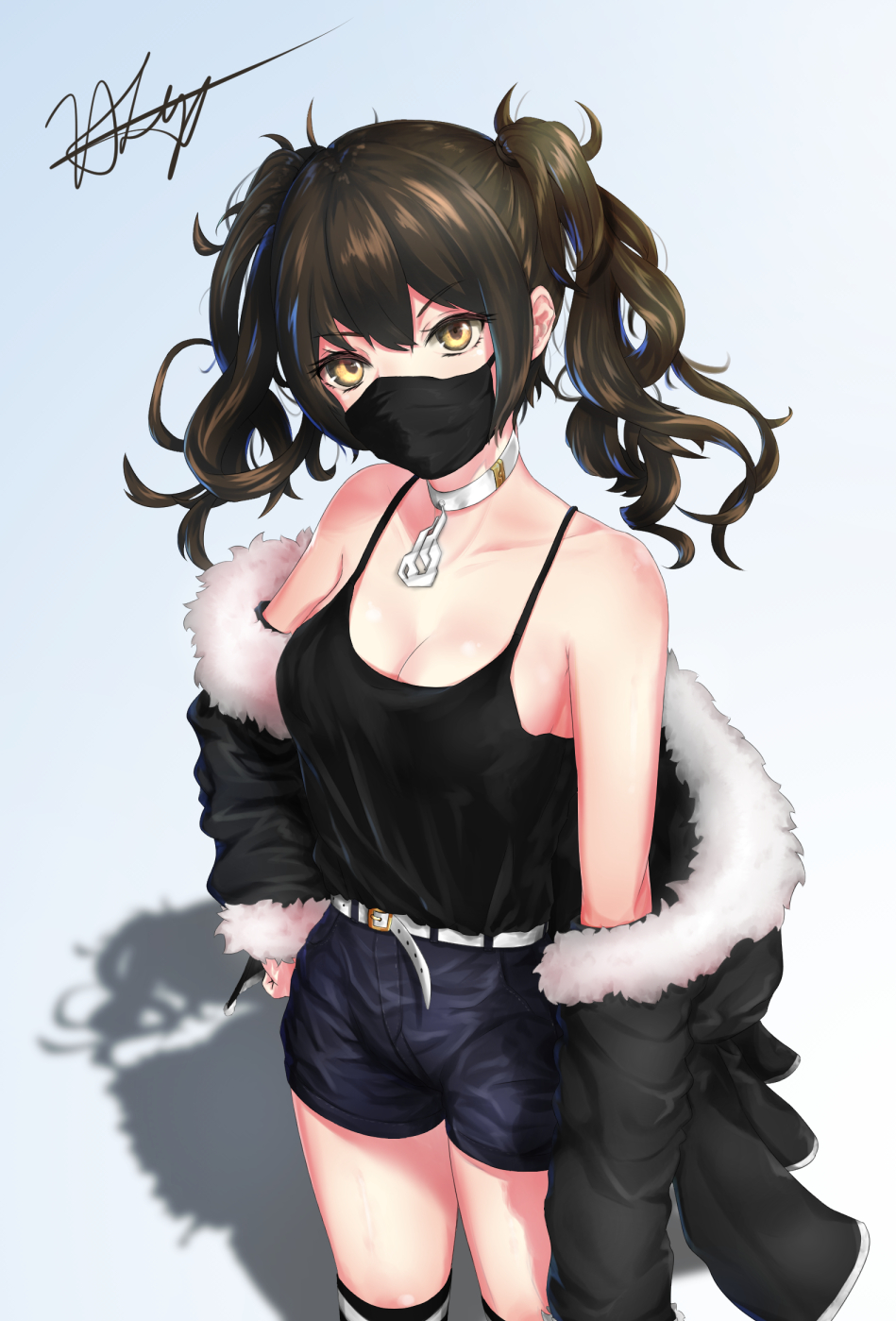bangs bare_shoulders belt black_hair black_shorts black_tank_top breasts brown_eyes buckle casual chaciooh choker cleavage coat collarbone commentary cowboy_shot curly_hair eyebrows_visible_through_hair fur-trimmed_coat fur_trim gas_mask girls_frontline hand_on_hip head_tilt highres kneehighs looking_at_viewer medium_breasts off_shoulder sangvis_ferri scarecrow_(girls_frontline) shorts sidelocks signature simple_background solo tank_top thighs twintails