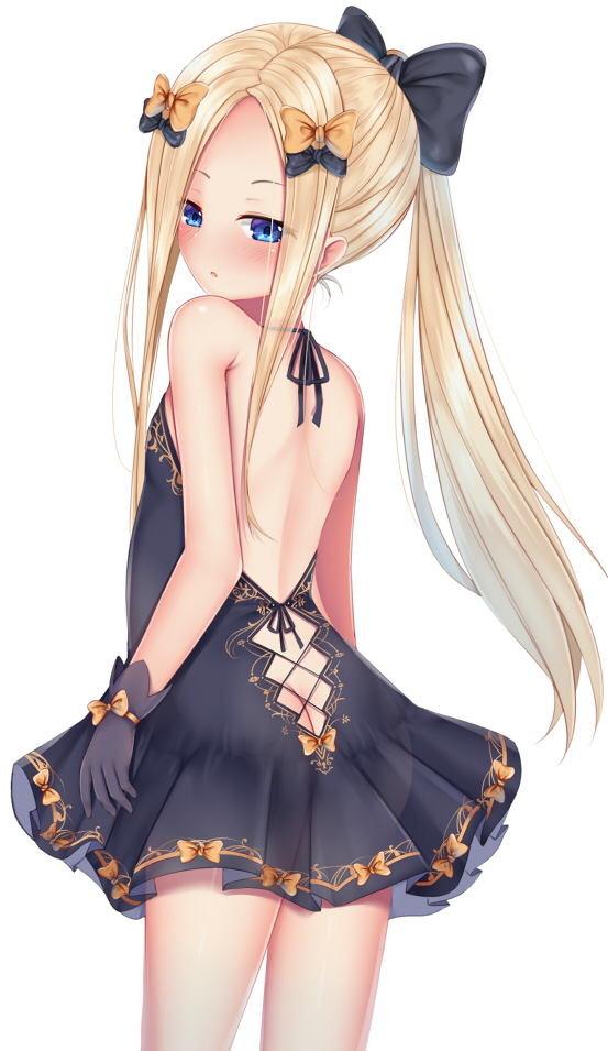:o abigail_williams_(fate/grand_order) ass backless_dress backless_outfit bangs bare_shoulders black_bow black_dress black_gloves blonde_hair blue_eyes blush bow breasts butt_crack dress fate/grand_order fate_(series) forehead gloves hair_bow long_hair looking_at_viewer looking_back orange_bow parted_bangs parted_lips ponytail puririn see-through sidelocks simple_background small_breasts solo standing very_long_hair white_background