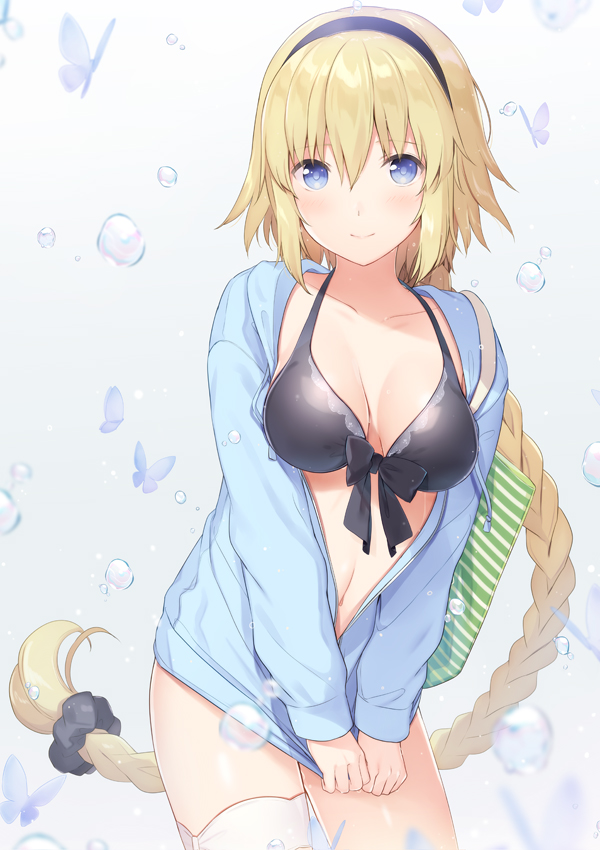 6u_(eternal_land) animal bag bikini bikini_under_clothes black_bikini black_bow black_hairband black_scrunchie blonde_hair blue_eyes blue_jacket bow braid breasts bug butterfly closed_mouth commentary_request cowboy_shot fate/grand_order fate_(series) front-tie_bikini front-tie_top hair_ornament hair_scrunchie hairband insect jacket jeanne_d'arc_(fate)_(all) jeanne_d'arc_(swimsuit_archer) long_hair looking_at_viewer medium_breasts navel open_clothes open_jacket scrunchie single_braid smile solo swimsuit unzipped very_long_hair water_drop