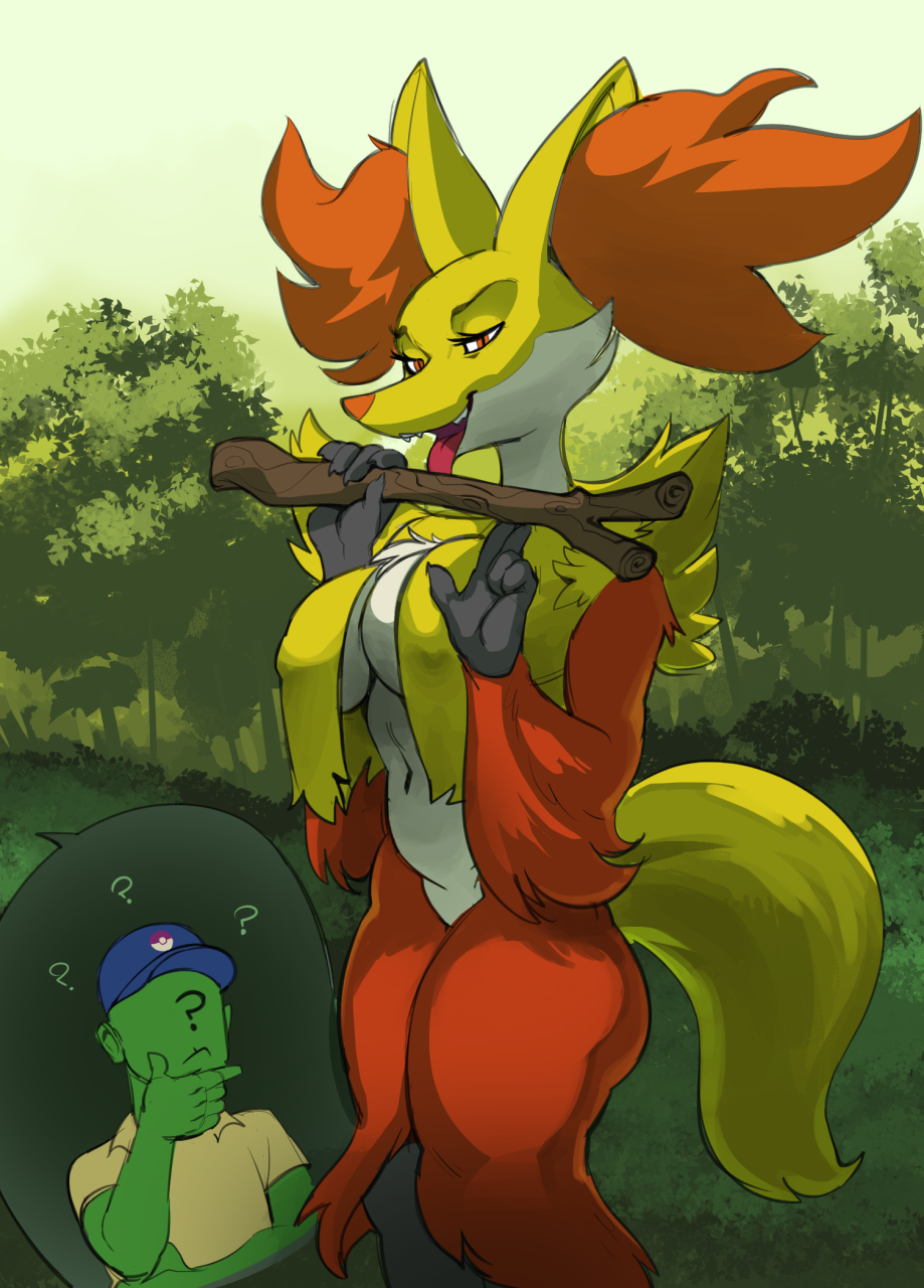 5_fingers ? anon anthro anthrofied arm_tuft baseball_cap bedroom_eyes big_breasts biped breasts canine cheek_tuft chest_tuft claws clothing confusion cutaway delphox detailed_background digital_drawing_(artwork) digital_media_(artwork) dress_shirt duo eyelashes featureless_crotch female female_focus flirting front_view frown fur gloves_(marking) grey_fur half-closed_eyes hat hi_res hmm holding_object human humanoid_hands humor inner_ear_fluff licking lighting looking_at_viewer mammal markings multicolored_fur nature navel nintendo nipple_bulge nude open_mouth open_smile orange_eyes orange_fur orange_nose outside plant pok&eacute;mon pok&eacute;mon_(species) pok&eacute;morph portrait pseudo_clothing red_tongue seductive shadow shirt shoulder_tuft shrub sky slightly_chubby smile snout solo_focus source_request speech_bubble standing stick suggestive thinking three-quarter_portrait tongue tongue_out tree tuft unknown_artist video_games white_fur yellow_fur yellow_tail