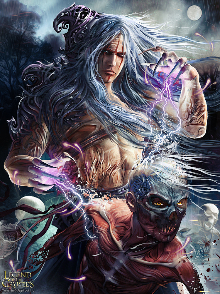 blue_eyes blue_hair chest copyright_name electricity facial_mark legend_of_the_cryptids long_hair magic male_focus moon nail_polish official_art scar shirtless skeleton yellow_eyes zombie