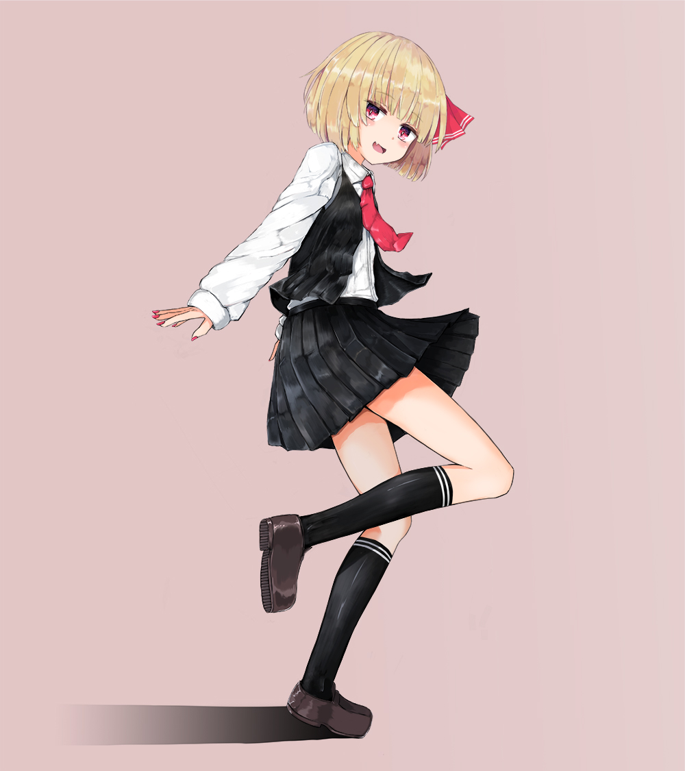 :d black_skirt black_vest blonde_hair commentary_request fang full_body hair_ribbon long_sleeves miniskirt nail_polish necktie open_clothes open_mouth open_vest pleated_skirt red_eyes red_nails ribbon rumia sarise0916 shadow shirt short_hair skirt smile touhou vest white_shirt