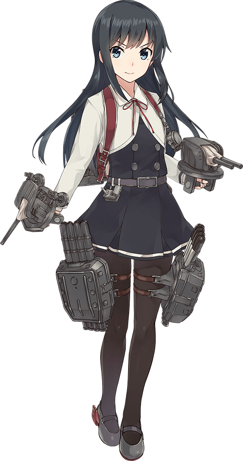 asashio_(kantai_collection) belt black_hair black_legwear blue_eyes buttons cannon closed_mouth dress full_body grey_footwear kantai_collection konishi_(koconatu) long_hair long_sleeves looking_at_viewer machinery mary_janes neck_ribbon official_art pantyhose pinafore_dress red_ribbon remodel_(kantai_collection) ribbon school_uniform shirt shoes short_dress smile solo standing thigh_strap torpedo transparent_background turret white_shirt
