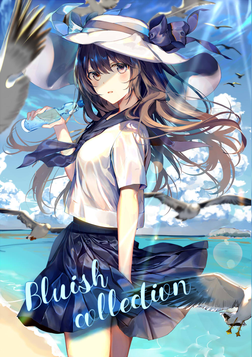 animal bangs beach bird blue_bow blue_neckwear blue_sailor_collar blue_skirt blue_sky blurry blurry_background blush bottle bow brown_eyes brown_hair cloud commentary_request day depth_of_field flying hair_between_eyes hand_up hat hat_bow highres holding holding_bottle horizon kouyafu long_hair looking_at_viewer looking_to_the_side neckerchief ocean original outdoors parted_lips pleated_skirt ramune sailor_collar sand school_uniform serafuku shirt short_sleeves skirt sky solo standing sun_hat very_long_hair water white_hat white_shirt