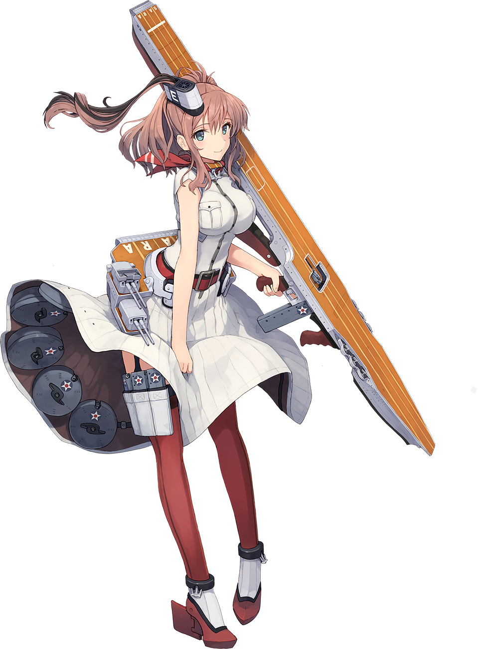 anchor belt blue_eyes breast_pocket breasts brown_hair cannon closed_mouth dress drum_magazine flight_deck full_body garter_straps grey_eyes gun hair_between_eyes hair_ornament high_heels highres holding holding_weapon kantai_collection large_breasts looking_at_viewer machinery magazine_(weapon) neckerchief official_art pocket ponytail red_hair red_legwear red_neckwear roundel saratoga_(kantai_collection) shirt shizuma_yoshinori side_ponytail sidelocks sleeveless sleeveless_dress smile smokestack solo standing submachine_gun thighhighs thompson_submachine_gun transparent_background trigger_discipline turret weapon white_dress wind wind_lift