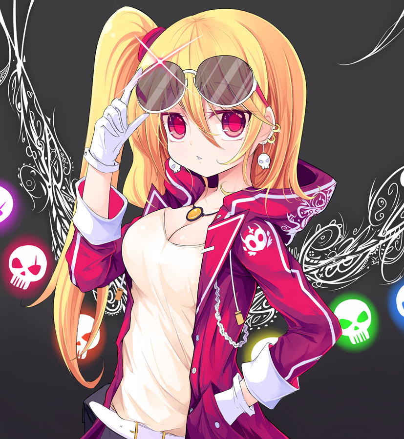 alternate_breast_size alternate_costume arm_up bangs belt belt_buckle black_background blush breasts buckle cleavage commentary_request drawstring ear_piercing earrings eyebrows_visible_through_hair eyewear_on_head flandre_scarlet glint gloves glowing hair_between_eyes hand_in_pocket hood hooded_jacket jacket jewelry long_hair long_sleeves medium_breasts necklace no_hat no_headwear one_side_up open_clothes open_jacket parted_lips piercing pink_jacket red_eyes semi-rimless_eyewear shirt simple_background skull skull_earrings solo sunglasses touhou under-rim_eyewear upper_body very_long_hair vils white-framed_eyewear white_gloves white_shirt wings
