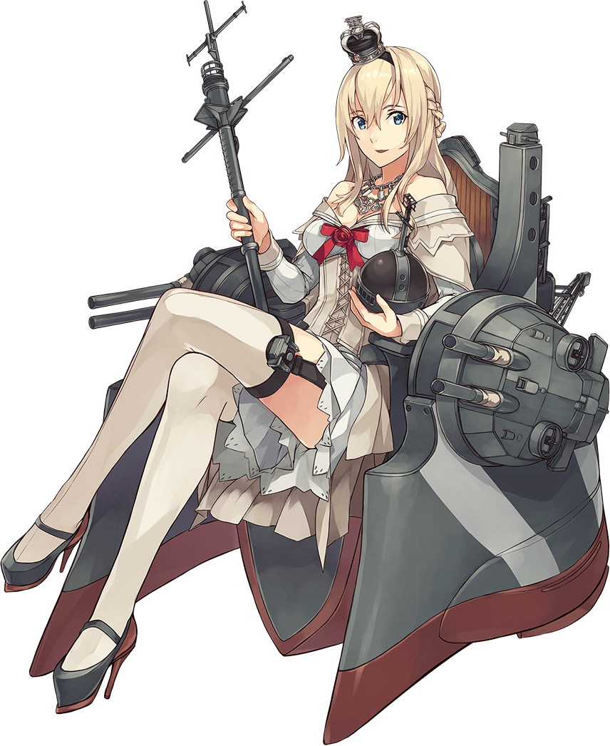 bangs bare_shoulders blonde_hair blue_eyes braid breasts chair cleavage corset cross crossed_legs crown dress flower french_braid full_body garter_straps globus_cruciger hair_between_eyes hairband high_heels holding holy_hand_grenade jewelry kantai_collection konishi_(koconatu) lace lace-trimmed_dress long_hair long_sleeves looking_at_viewer machinery mary_janes mast medium_breasts mini_crown necklace off-shoulder_dress off_shoulder official_art open_mouth orb red_flower red_ribbon red_rose ribbon rose scepter shoes sitting smile solo thighhighs throne tilted_headwear transparent_background turret warspite_(kantai_collection) white_dress white_legwear zettai_ryouiki