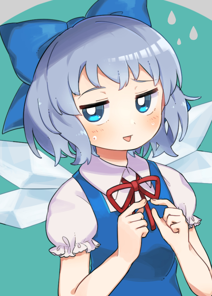 blue_background blue_bow blue_eyes blue_hair blush bow bright_pupils cirno collared_shirt embarrassed fidgeting hair_bow hands_up ice ice_wings jitome looking_at_viewer neck_ribbon nervous_smile puffy_short_sleeves puffy_sleeves red_neckwear red_ribbon ribbon sasa_kichi shirt short_hair short_sleeves smile solo touhou upper_body white_shirt wing_collar wings
