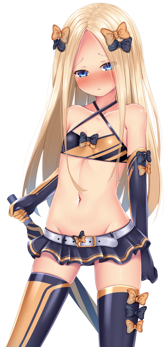abigail_williams_(fate/grand_order) bangs bare_shoulders belt belt_buckle black_bow black_gloves black_legwear black_skirt blonde_hair blue_eyes blush bow breasts buckle collarbone criss-cross_halter elbow_gloves fate/grand_order fate_(series) forehead gloves groin hair_bow halterneck highres holding long_hair microskirt navel nose_blush orange_bow parted_bangs parted_lips pleated_skirt polka_dot polka_dot_bow puririn simple_background skirt small_breasts solo thighhighs very_long_hair white_background white_belt