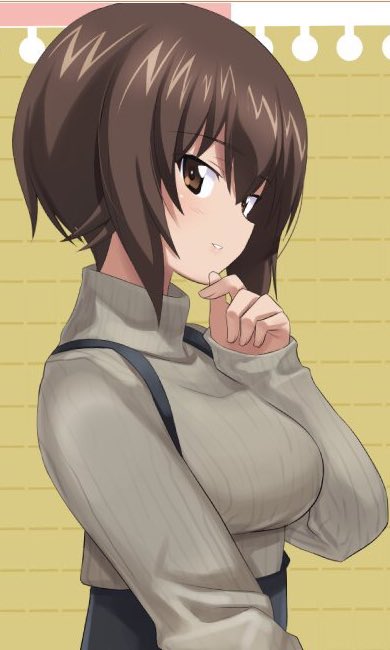 ashiwara_yuu bangs black_skirt brown_eyes brown_hair brown_sweater casual commentary girls_und_panzer hand_on_own_chin long_sleeves looking_at_viewer nishizumi_maho notepad parted_lips ribbed_sweater short_hair skirt smile solo standing suspender_skirt suspenders sweater turtleneck turtleneck_sweater upper_body
