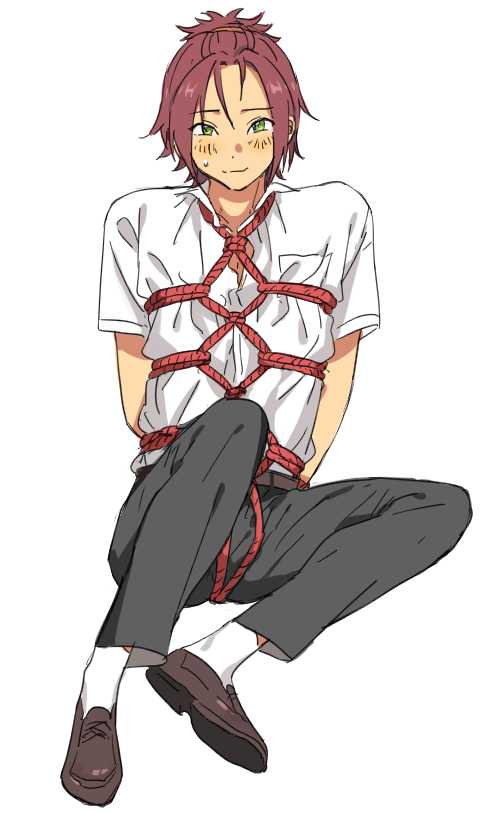 blush bound ensemble_stars! hair_clip isara_mao male male_focus red_hair rope smirk solo tied_up