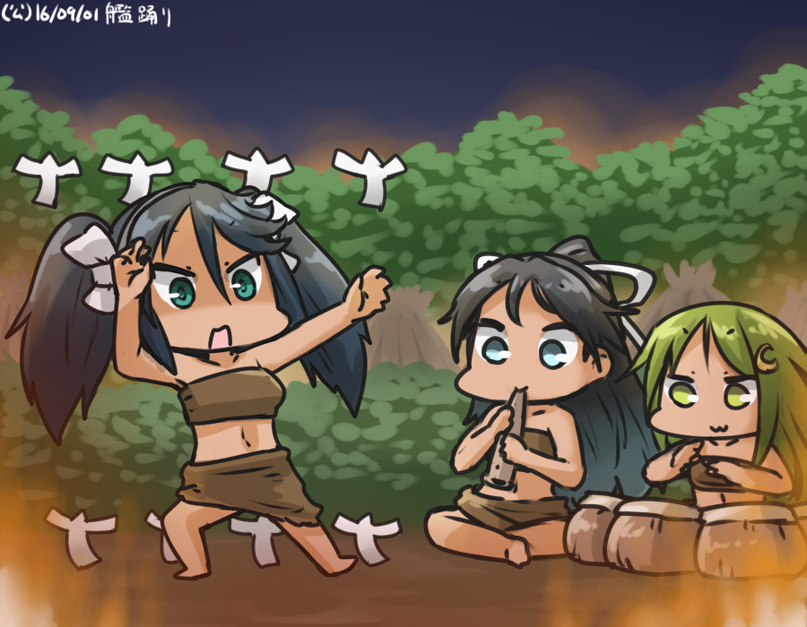 :3 alternate_costume bare_arms bare_shoulders barefoot black_hair blue_eyes bow commentary_request crescent crescent_hair_ornament dancing dated drum fire green_eyes green_hair hair_between_eyes hair_bow hair_ornament hair_ribbon hamu_koutarou indian_style instrument isuzu_(kantai_collection) kantai_collection katsuragi_(kantai_collection) long_hair midriff multiple_girls music nagatsuki_(kantai_collection) playing_instrument ponytail ribbon sarong shikigami sitting twintails white_bow white_ribbon