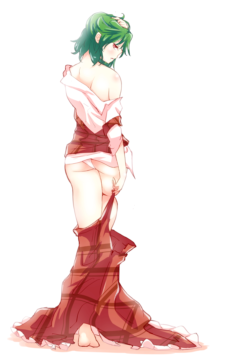 ass back barefoot collared_shirt from_behind full_body green_hair hand_in_hair highres kazami_yuuka looking_at_viewer looking_back non_(z-art) off_shoulder open_mouth panties pantyshot partially_undressed plaid plaid_skirt red_eyes shirt short_hair simple_background skirt solo standing touhou underwear vest white_background white_panties