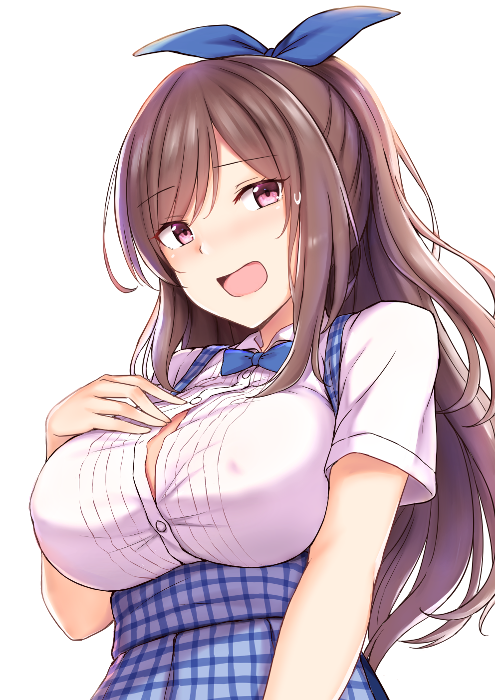 :d blue_bow blue_neckwear blue_ribbon blush_stickers bow bowtie breasts brown_hair button_gap cai_geng eyebrows_visible_through_hair hair_ribbon hand_on_own_chest hand_up highres idolmaster idolmaster_shiny_colors koubeya_uniform large_breasts long_hair looking_at_viewer open_mouth partially_unbuttoned pink_eyes ribbon shirt short_sleeves simple_background smile solo sweatdrop tsukioka_kogane unbuttoned unbuttoned_shirt upper_body white_background white_shirt