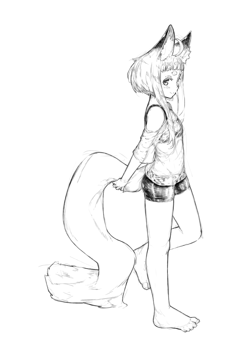 ahoge animal_ear_fluff animal_ears bangs barefoot bike_shorts blush closed_mouth fox_ears fox_girl fox_girl_(jaco) fox_tail from_side full_body greyscale holding_tail jaco leg_up long_hair looking_at_viewer looking_to_the_side md5_mismatch monochrome off-shoulder_shirt original see-through shirt short_hair_with_long_locks short_shorts shorts sidelocks simple_background smile solo standing standing_on_one_leg tail thick_eyebrows white_background