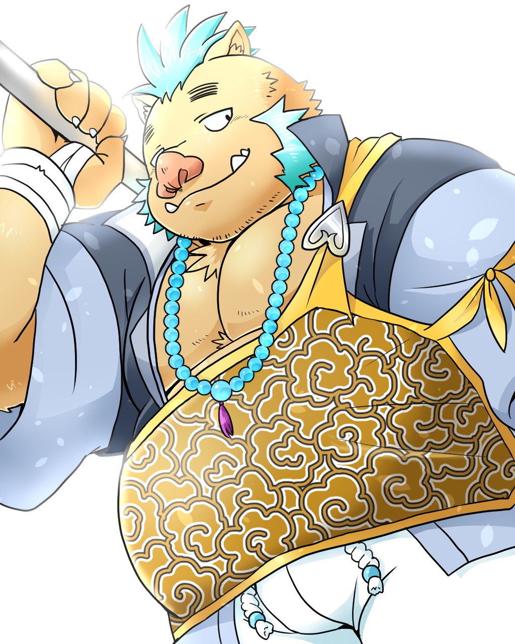 blue_hair boar clothed clothing facial_hair gouryou hair hi_res jewelry male mammal mohawk musclegut necklace nunutaro3 pecs porcine sideburns tokyo_afterschool_summoners topless tusks