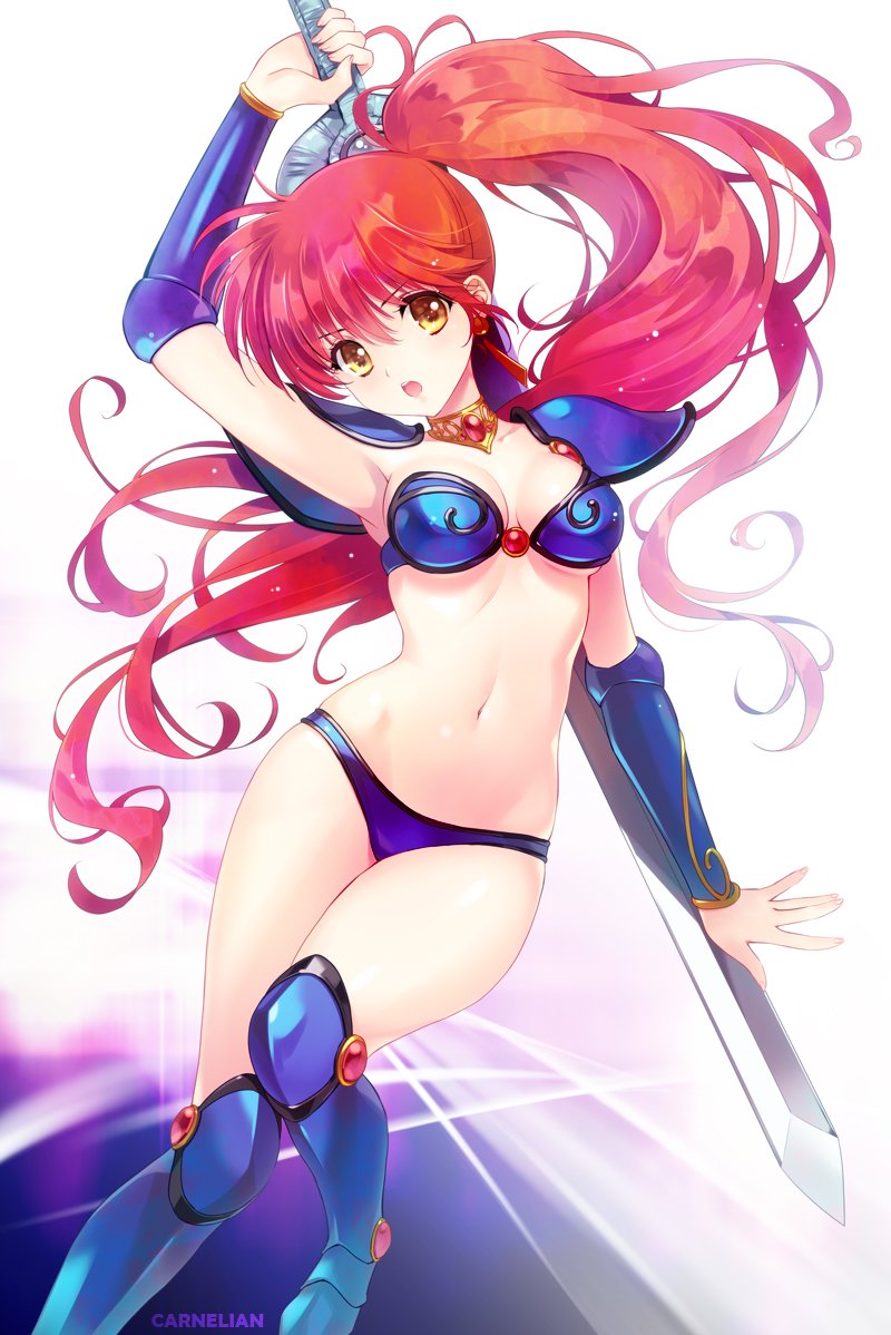 armor artist_name asagiri_youko bikini_armor bikini_day breasts carnelian chestnut_mouth cleavage commentary_request floating_hair gauntlets gem genmu_senki_leda greaves holding holding_sword holding_weapon long_hair medium_breasts navel open_mouth pauldrons red_hair side_ponytail solo sword very_long_hair weapon yellow_eyes