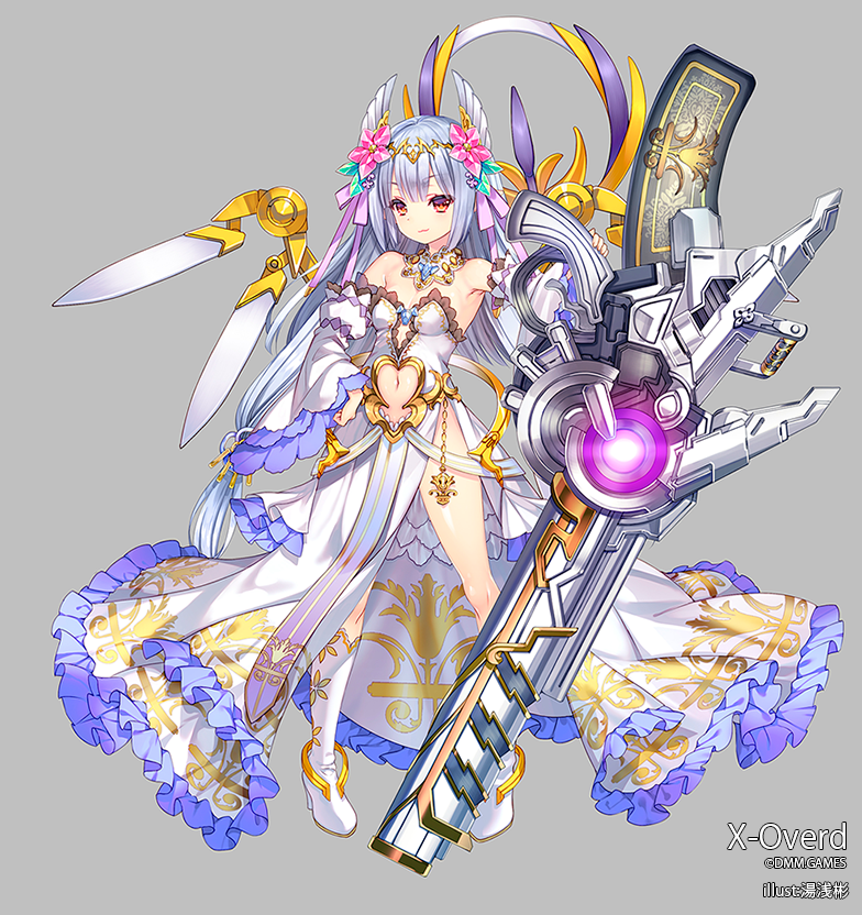 bare_shoulders boots detached_sleeves dress flower frilled_dress frills full_body grey_background gun hair_flower hair_ornament hair_ribbon hand_on_hip hand_up jewelry knee_boots long_hair looking_at_viewer mecha_musume midriff_cutout navel pink_ribbon red_eyes ribbon silver_hair solo strelitzia_(x-overd) tiara very_long_hair weapon white_dress white_footwear wide_sleeves x-overd yuasa_akira