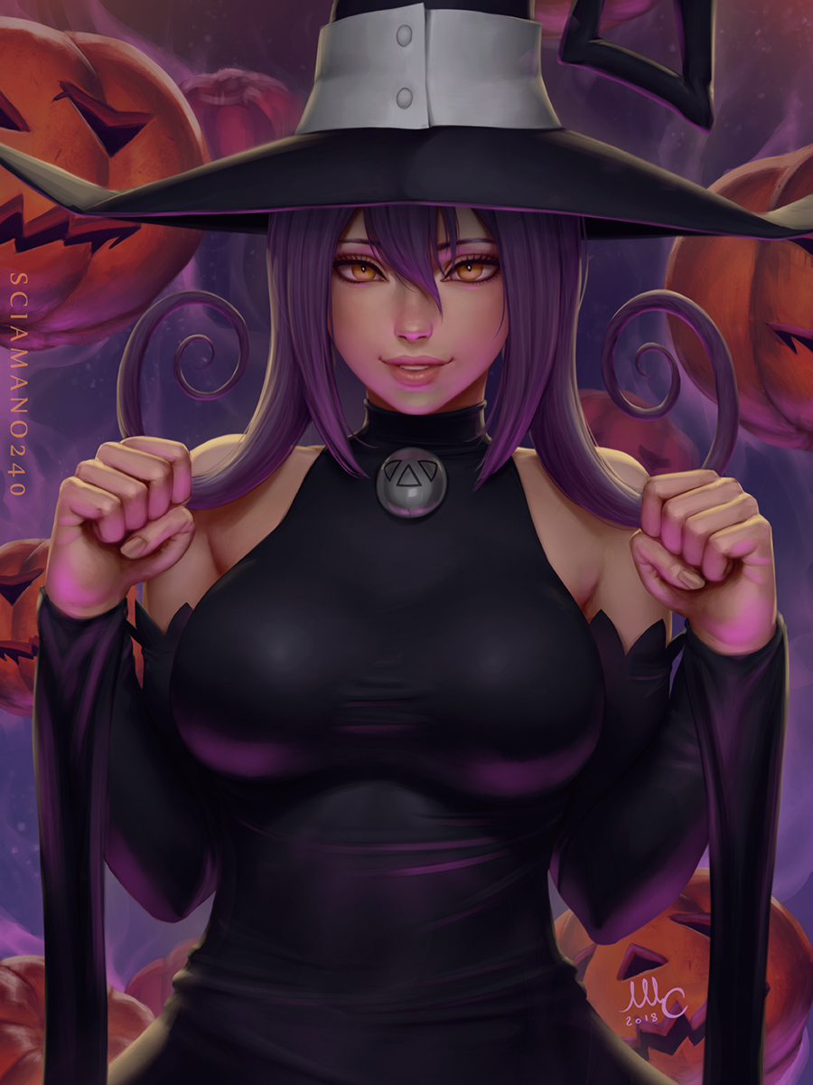 2018 artist_name bangs bare_shoulders black_dress black_hat blair breasts brown_eyes clenched_hands commentary detached_sleeves dress english_commentary fingernails flipped_hair hair_between_eyes hands_up hat highres jack-o'-lantern large_breasts lips looking_at_viewer medium_hair nose parted_lips pumpkin purple_hair sciamano240 sidelocks signature sleeveless sleeveless_dress smile solo soul_eater taut_clothes taut_dress turtleneck upper_body witch witch_hat