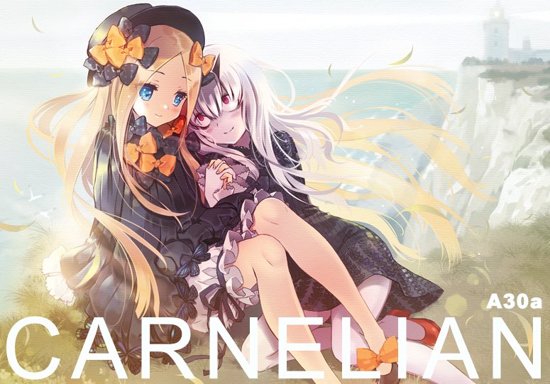 abigail_williams_(fate/grand_order) ankle_bow ankle_ribbon artist_name bags_under_eyes black_bow black_footwear black_hat blonde_hair blue_eyes bow carnelian cliff commentary_request fate/grand_order fate_(series) floating_hair grass hair_bow hat holding_hands lavinia_whateley_(fate/grand_order) leaning_on_person light_smile lighthouse long_hair looking_at_another multiple_girls no_socks orange_bow outdoors pale_skin red_eyes red_footwear ribbon shoes side-by-side smile very_long_hair water white_bloomers white_hair wind yuri