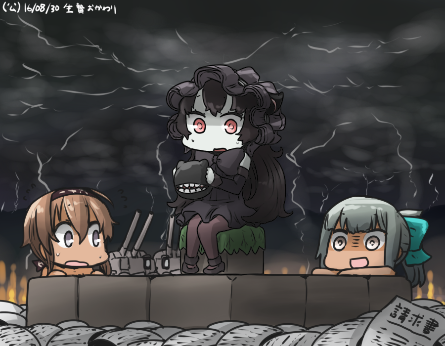 :d ahoge black_hair blurry bow bowtie brick brown_hair chibi chou-10cm-hou-chan_(teruzuki's) cloud cloudy_sky commentary_request dated depth_of_field detached_sleeves enemy_aircraft_(kantai_collection) fire gothic_lolita hachimaki hair_bow hair_ribbon hairband hamu_koutarou headband holding horns isolated_island_oni kantai_collection lightning lolita_fashion lolita_hairband long_hair machinery multiple_girls open_mouth pantyhose peeking_out ponytail red_eyes ribbon shaded_face shinkaisei-kan short_hair silver_eyes silver_hair sitting sky smile sweat tan teruzuki_(kantai_collection) translated tribal turret white_skin yuubari_(kantai_collection)