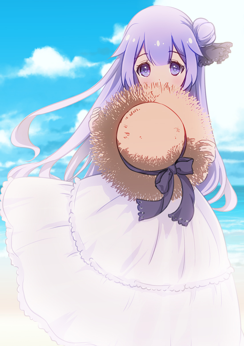 azur_lane bangs black_bow black_ribbon blue_sky blush bow cloud commentary_request covered_mouth day dress eyebrows_visible_through_hair hair_between_eyes hair_bun hair_ribbon hat hat_bow hat_removed headwear_removed highres holding holding_hat horizon long_hair ocean outdoors purple_eyes purple_hair ribbon side_bun sidelocks sky solo straw_hat sukireto unicorn_(azur_lane) very_long_hair water white_dress