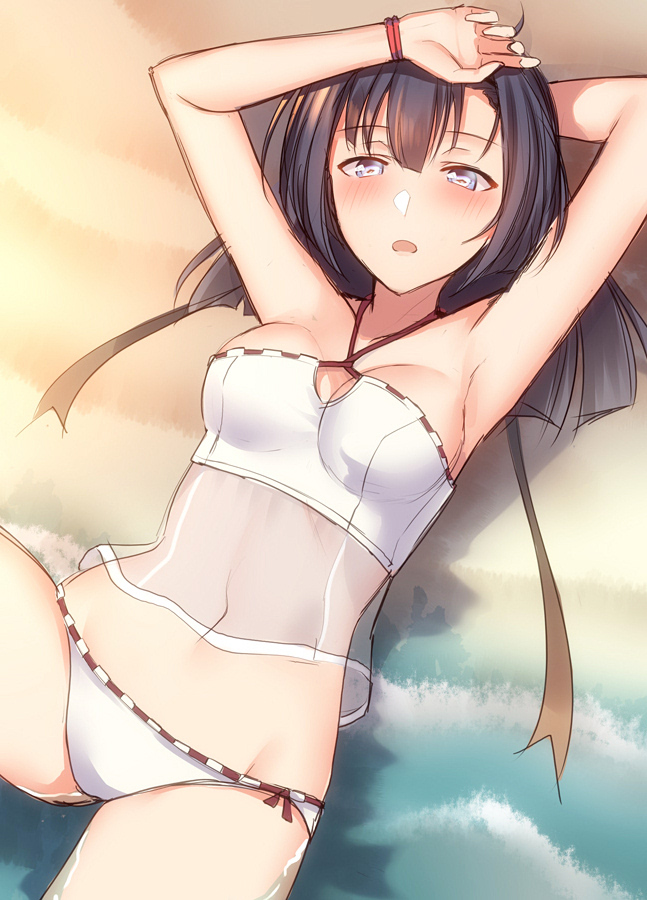 akizuki_(kantai_collection) alternate_costume armpits arms_up bangs bare_shoulders beach bikini bikini_bottom black_hair blue_eyes blush breasts cleavage cleavage_cutout collarbone day eyebrows_visible_through_hair groin hair_ribbon hairband half-closed_eyes hand_behind_head hand_on_own_head kantai_collection knee_up long_hair looking_at_viewer lying medium_breasts navel ocean on_back open_mouth outdoors pallad partially_submerged ponytail ribbon sand see-through sidelocks solo stomach swimsuit thighs waves white_bikini wristband