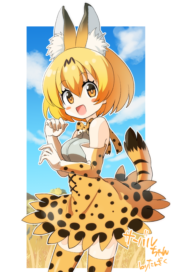 :d animal_ear_fluff animal_ears artist_name bangs bare_shoulders blonde_hair blue_sky blush_stickers bow bowtie breasts character_name cowboy_shot day elbow_gloves extra_ears eyebrows_visible_through_hair gloves grass grey_shirt hair_between_eyes high-waist_skirt kemono_friends medium_breasts open_mouth orange_eyes outdoors outline savannah serval_(kemono_friends) serval_ears serval_print serval_tail shirt short_hair skirt sky sleeveless sleeveless_shirt smile solo striped_tail tail tail_raised tanzaku_kishi thighhighs white_outline zettai_ryouiki