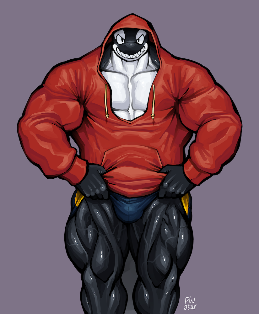 anthro big_muscles black_skin cetacean clothing grin hoodie looking_at_viewer male mammal marine muscular muscular_male muscular_thighs orca pecs plain_white simple_background smile solo standing teeth vein whale white_skin