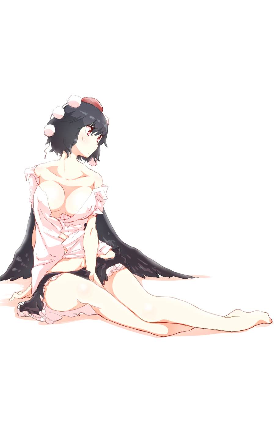 bare_legs bare_shoulders barefoot bird_wings black_hair breasts cleavage collarbone collared_shirt covered_nipples groin hat highres legs_together medium_breasts midriff miniskirt non_(z-art) off_shoulder open_clothes open_shirt partially_unbuttoned pom_pom_(clothes) red_eyes shameimaru_aya shirt short_hair simple_background sitting skirt solo tokin_hat touhou white_background white_shirt wings