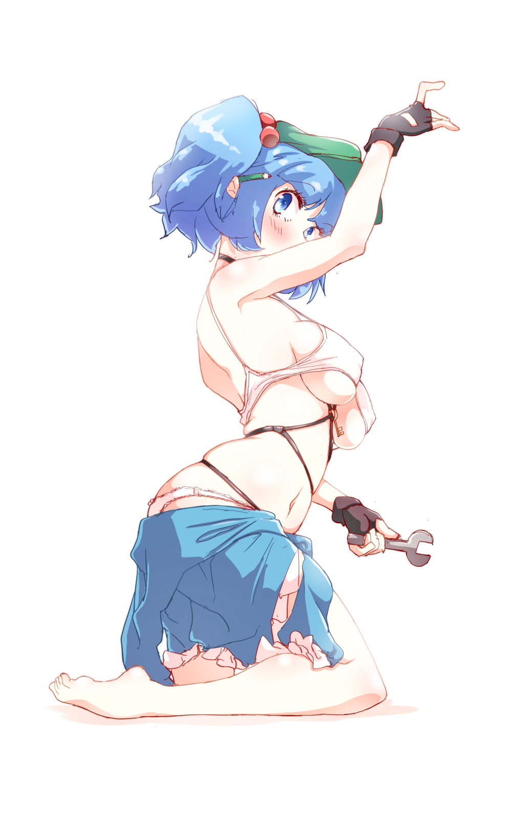 arm_up barefoot black_gloves blue_eyes blue_hair blush bra breasts clothes_around_waist covered_nipples fingerless_gloves full_body gloves hair_bobbles hair_ornament hat highres kawashiro_nitori key kneeling looking_at_viewer medium_breasts midriff navel no_shirt non_(z-art) panties pantyshot pencil short_hair short_twintails sideboob simple_background solo touhou twintails underwear white_background white_bra white_panties wrench