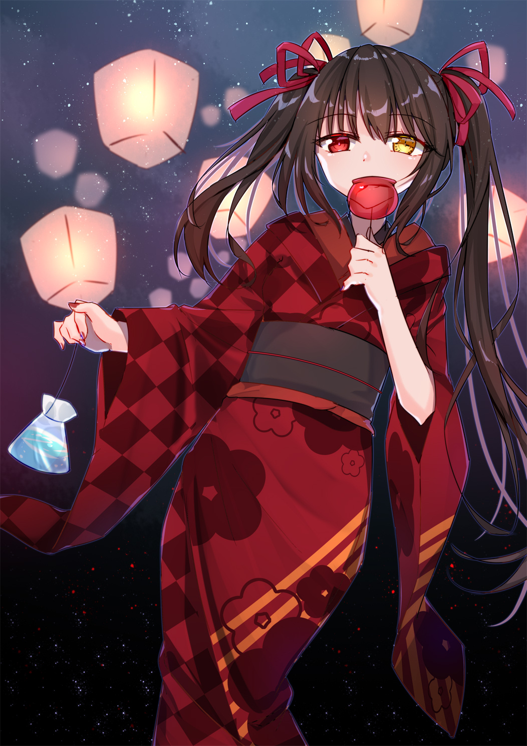 asymmetrical_hair bad_id bad_pixiv_id black_hair candy_apple checkered checkered_kimono date_a_live feet_out_of_frame floral_print food hair_between_eyes hair_ribbon heterochromia highres holding holding_food japanese_clothes kimono lantern long_hair long_sleeves looking_at_viewer mo_(pixiv9929995) nail_polish night paper_lantern red_eyes red_kimono red_nails red_ribbon ribbon sky sky_lantern smile solo star_(sky) starry_sky tokisaki_kurumi twintails very_long_hair wide_sleeves yellow_eyes