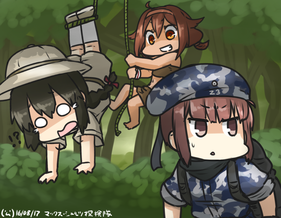 3girls backpack bag beret black_hair braid brown_eyes brown_hair camouflage camouflage_hat commentary_request crying crying_with_eyes_open dated forest grin hamu_koutarou hat helmet isonami_(kantai_collection) kantai_collection long_hair military military_uniform multiple_girls nature o_o pith_helmet rope sarong scarf shaded_face shiratsuyu_(kantai_collection) short_hair smile streaming_tears sweat tears uniform z3_max_schultz_(kantai_collection)